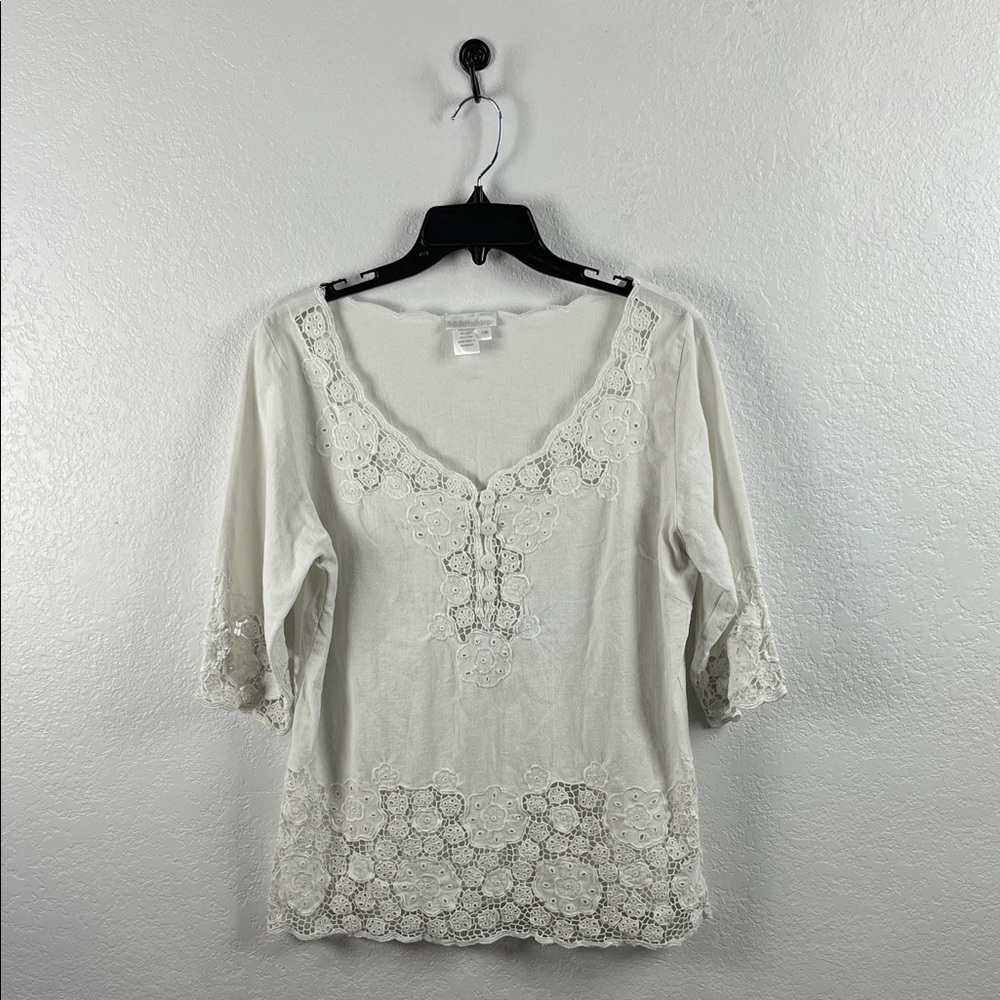 Soft Surroundings Womens Ivory Lace Accent Tunic Cotton Blend 3/4 Sleeves Sz PM